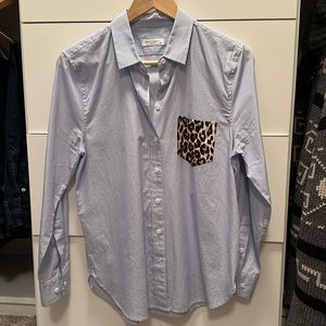 Equipment Leema Button Down Shirt Leopard Print  Pocket Blue & White Stripe